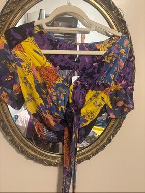 Free People Multicolor Floral Tie-Front Crop Top in Yellow, Purple, Blue